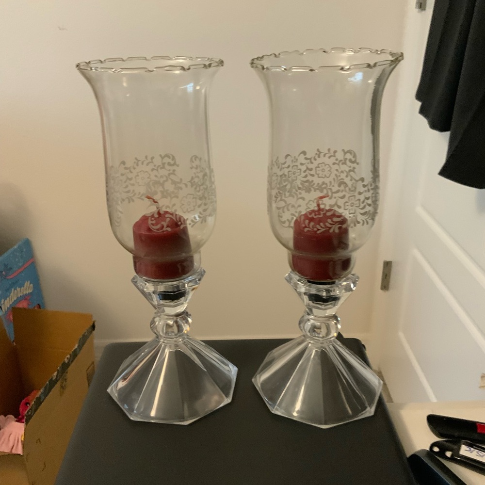2 Elegant Glass Candle Holders with Red Accents